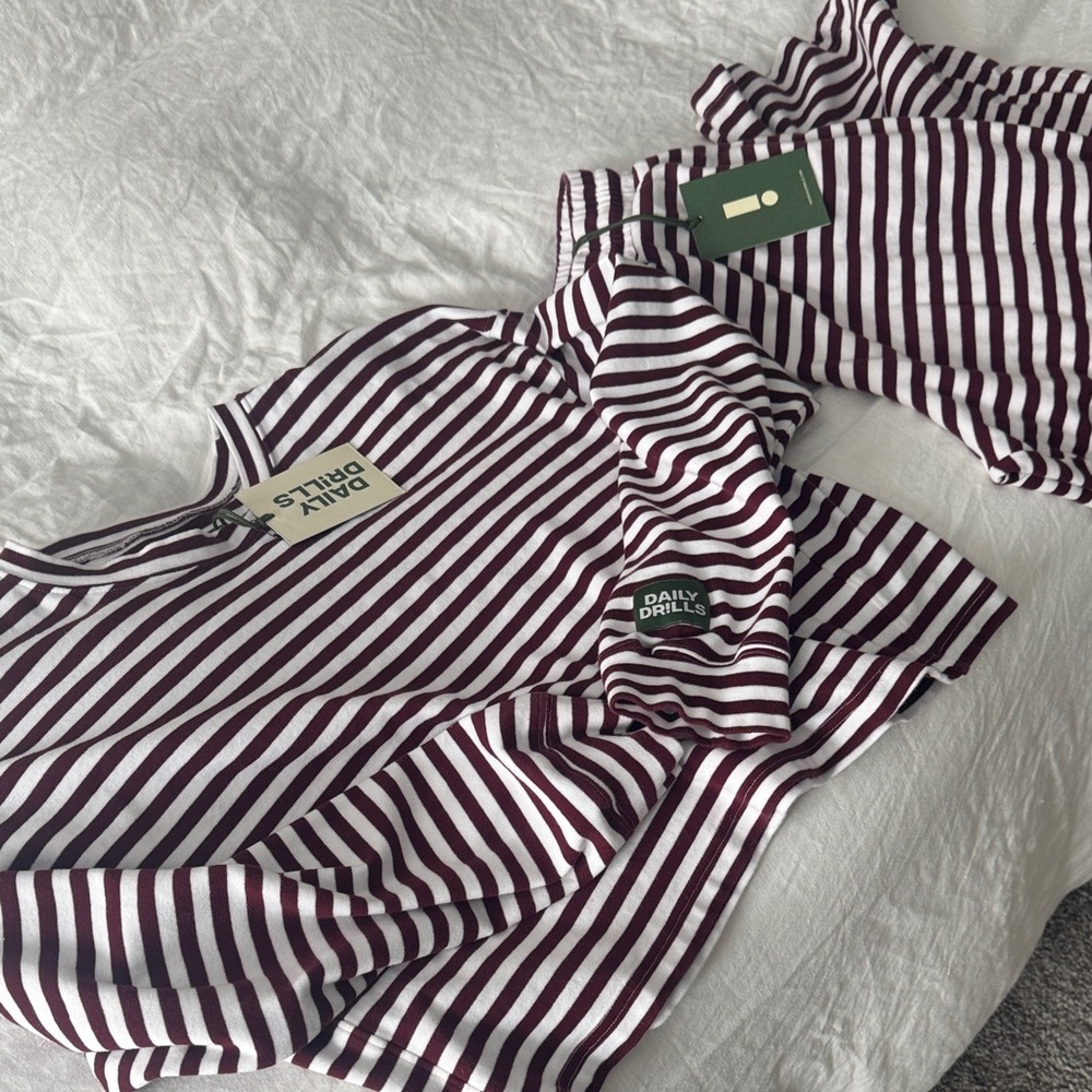 Daily Drills Women Long Sleeve Tee - Burgundy and White Stripes Pants Set